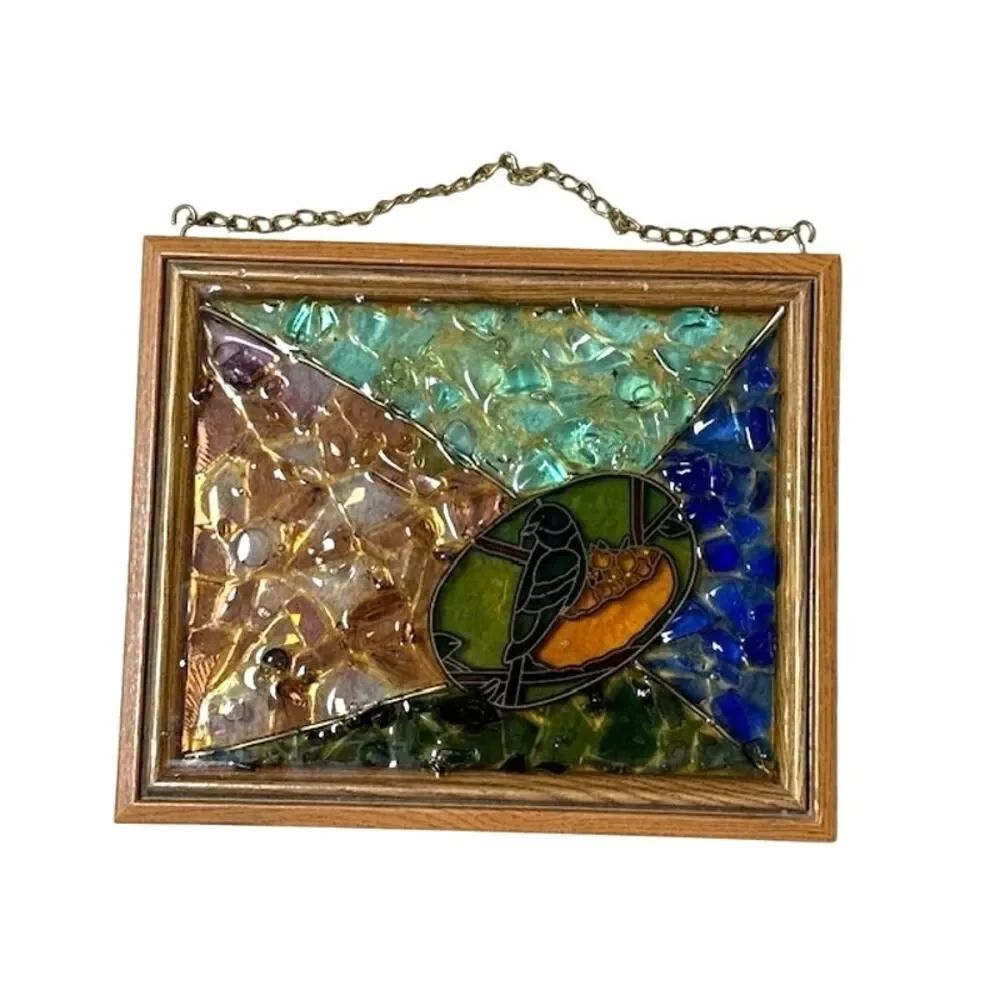 Vintage Wooden Stained Glass Mosaic Window Art w/ bird suncatcher 11.5"
